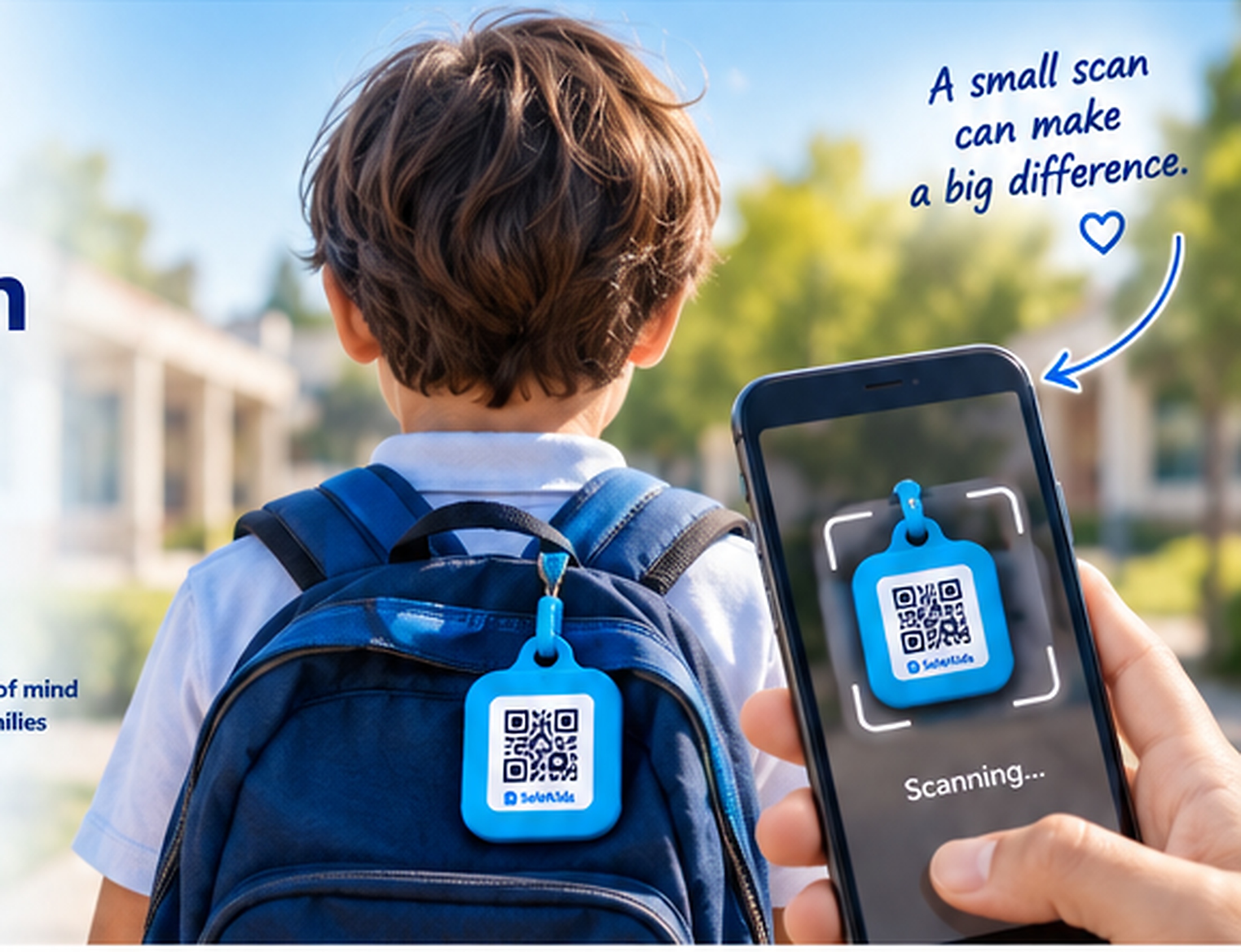 Child carrying a SafeKids QR tag while someone scans it with a phone