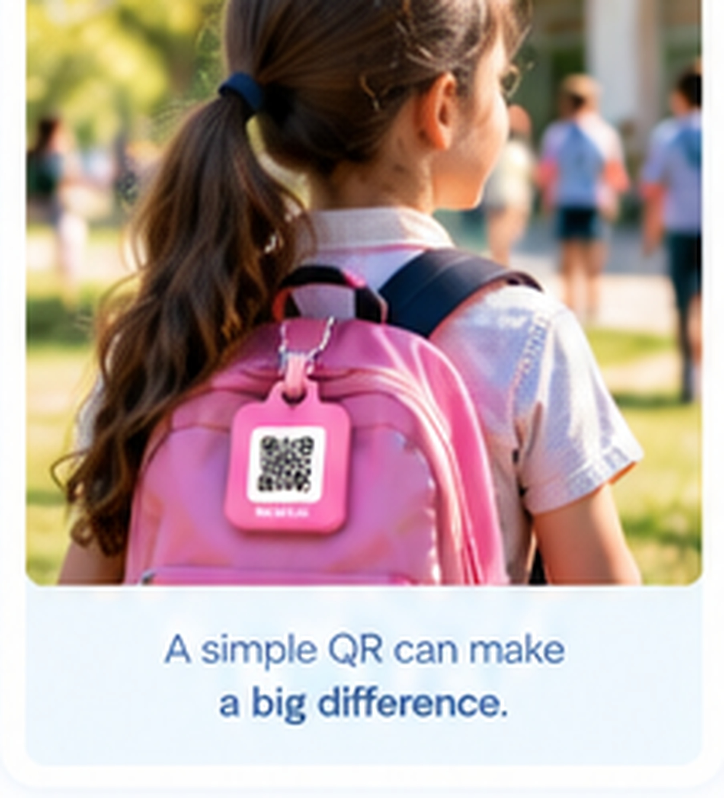 Child with a SafeKids QR product during an outing