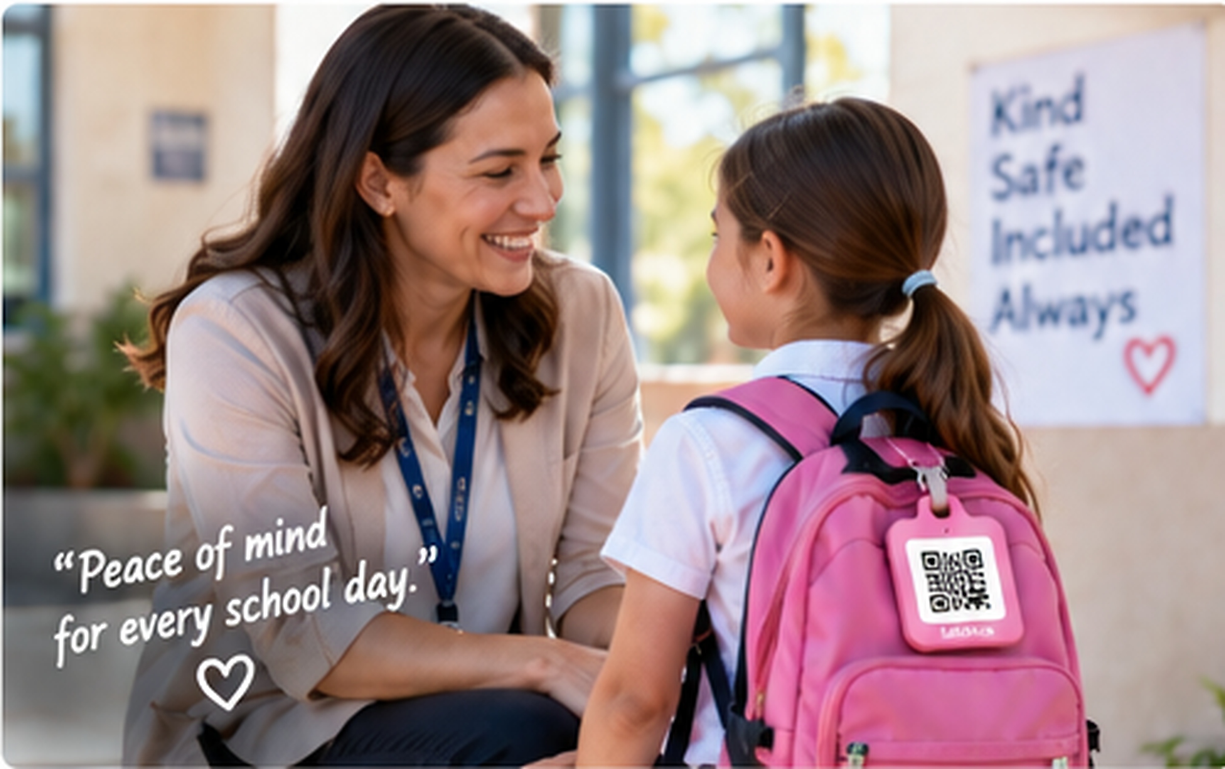 School staff speaking with a student wearing a SafeKids QR tag