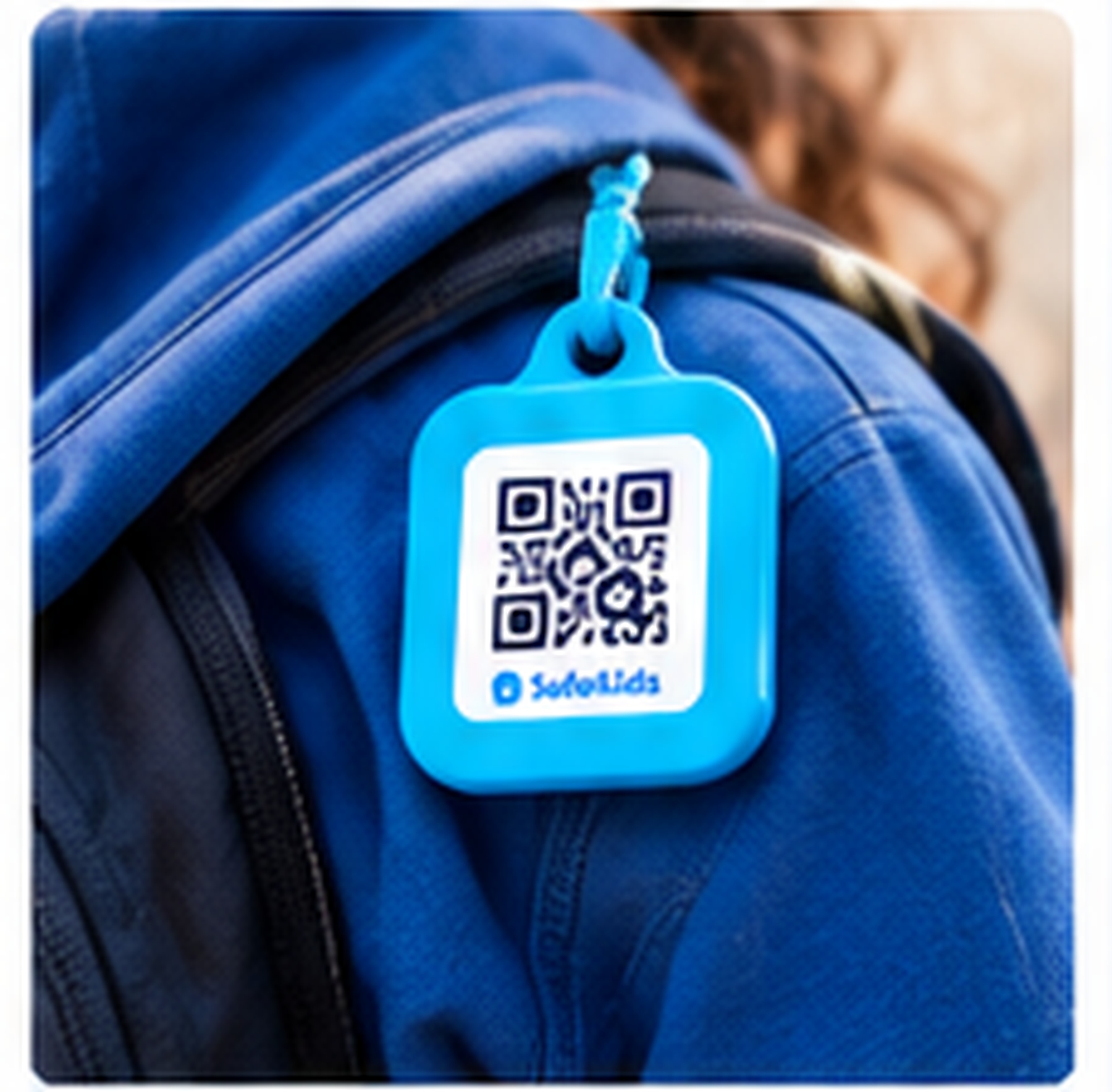 SafeKids QR tag attached to a child's backpack